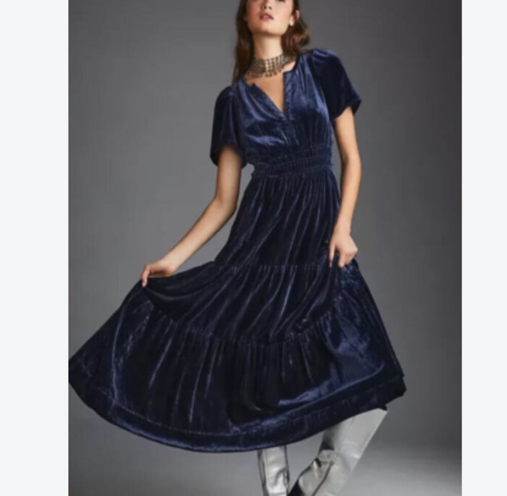 Anthropologie The Somerset Velvet Edition Dark Blue Navy Long Dress NWT Size M